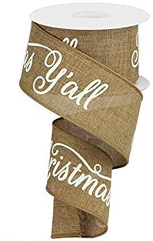 Merry Christmas Y'all Wired Ribbon - 2 1/2" x 10 Yards, Tan and Cream