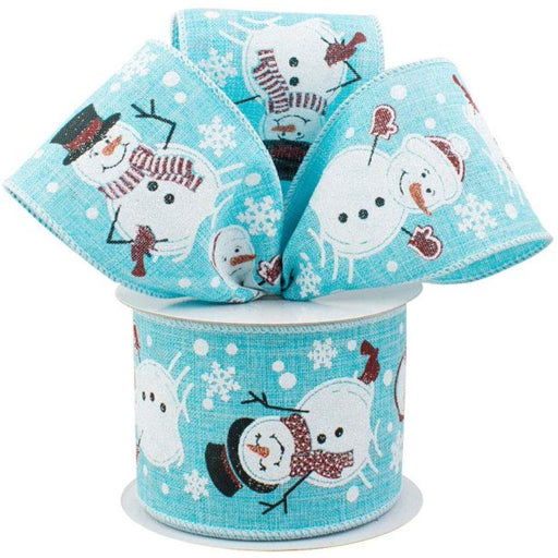 light-blue-wired-edge-Christmas-Wreath-ribbon-decorated-with-snowmen