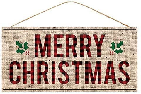Merry Christmas Plaid Burlap Sign - 12.5" x 6"