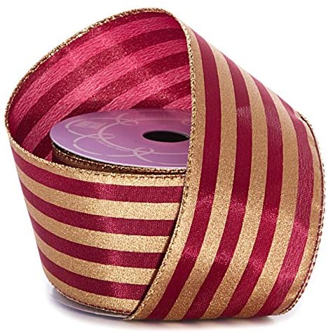 Burgundy Gold Striped Christmas Ribbon - 2 1/2