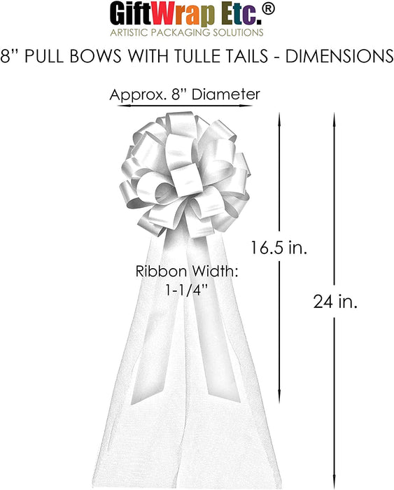 White and Silver Pull Bows with Tulle Tails - 8" Wide, Set of 6
