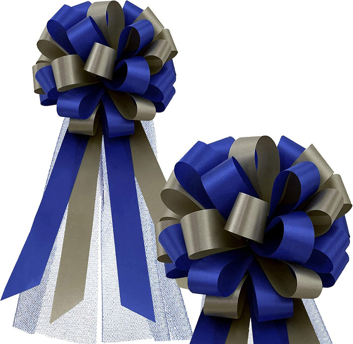 royal-blue-and-silver-bows-with-tulle-tails