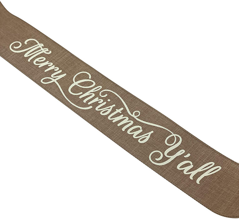 Merry Christmas Y'all Wired Ribbon - 2 1/2" x 10 Yards, Tan and Cream