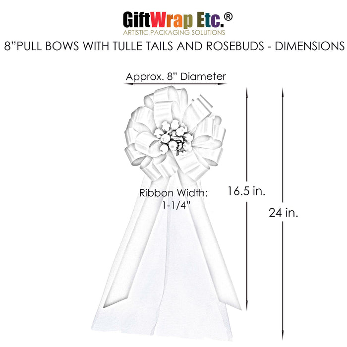 Royal Blue and Silver Wedding Pull Bows with Tulle Tails and Rosebuds - 8" Wide, Set of 6