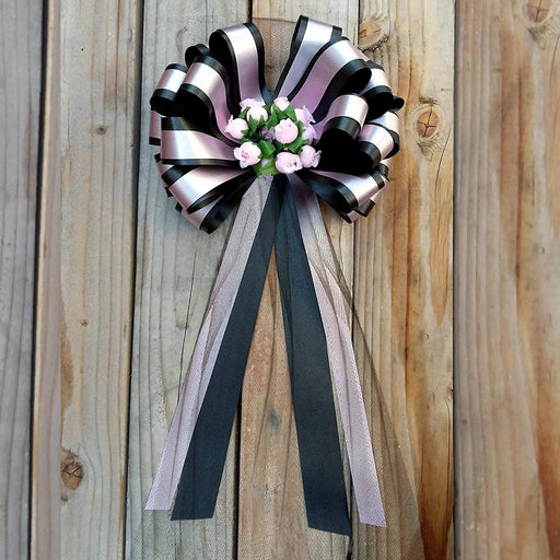 pink-striped-black-wedding-bows-with-tulle-tails-and-rosebuds