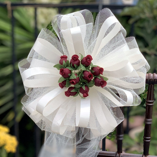 ivory-burgundy-tulle-pew-bows
