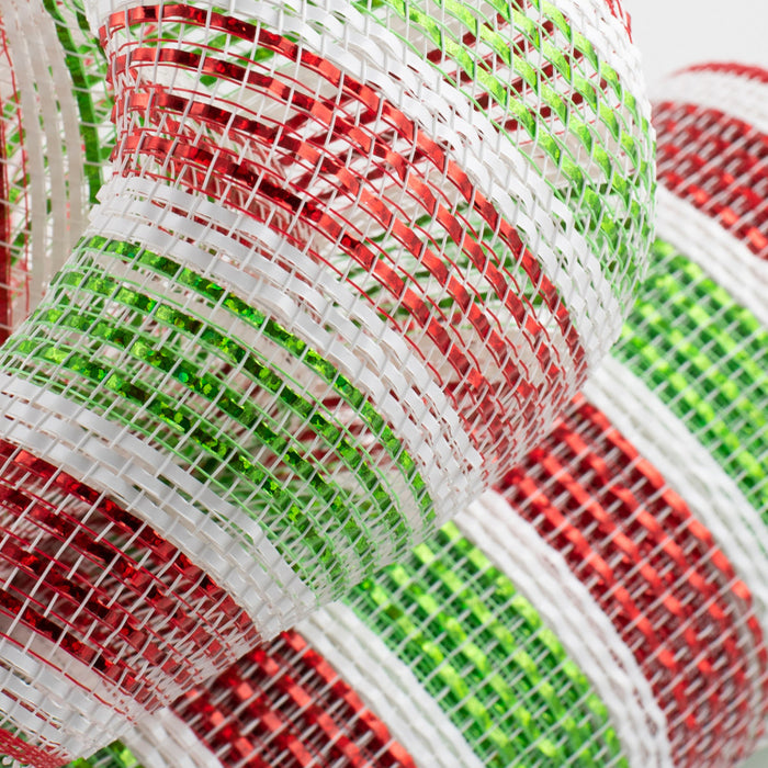 Festive Christmas Striped Deco Mesh - 10" x 10 Yards, Red, White & Lime Green