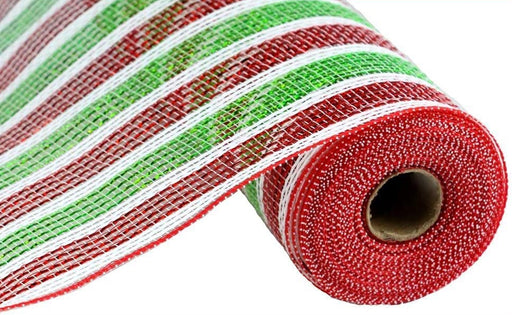 Festive Christmas Striped Deco Mesh - 10" x 10 Yards, Red, White & Lime Green