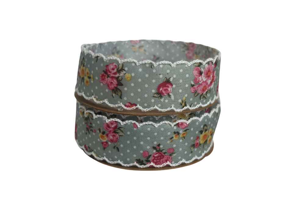 Vintage Floral Shabby Chic Ribbon - 1" x 10 Yards, Vintage Blue Gray Ribbon with Pink Roses