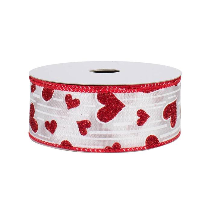 Red Hearts White Satin Ribbon - 1 1/2" x 10 Yards