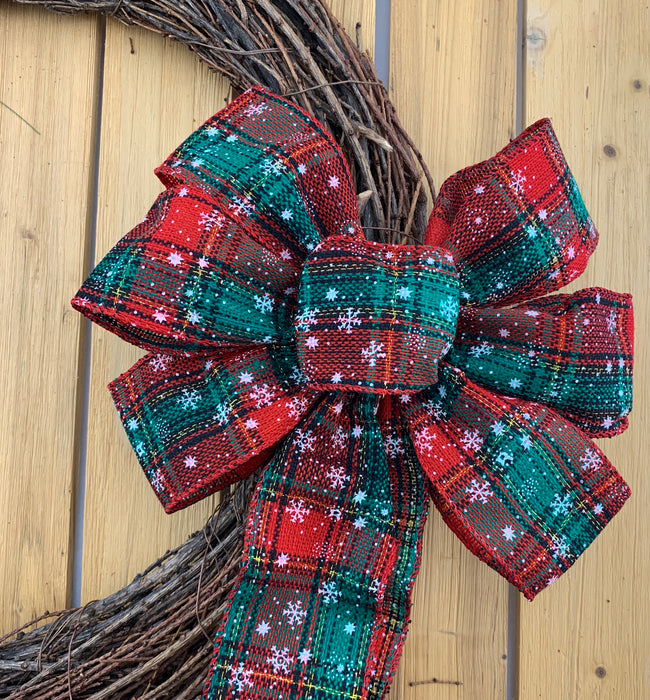 snowflaked-plaid-wired-edge-pre-tied-wreath-bow