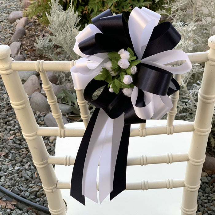 decorative-black-and-white-pull-bows-with-tulle-tails-and-rosebuds