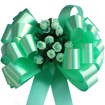 Mint Green Wedding Pull Bows with Tulle Tails and Rosebuds - Set of 6