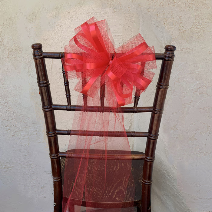 Large Red Tulle Ribbon Assembled Pew Bows - 10" Wide, Set of 6